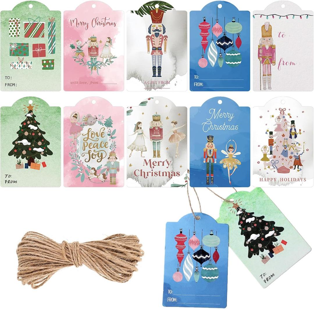 3 x Yeaqee 120 Pcs Nutcracker Christmas Gift Tags with String Holiday Paper Name Tags Nutcracker Favor Hanging Labels for DIY Xmas Present Wrapping Party Decorations (Watercolor)