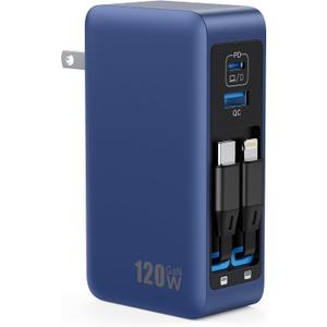 120W USB C Charger Block with 2 Built-in Retractable Cables,4-in-1 GaN IV Foldable Plug Wall Charger Fast Charging Station,PD 65W Laptop Adapter for Macbook/iPad,iPhone 17/16/15/14,Android (Dark Blue)