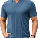 COOFANDY Men's Ribbed Polo Shirts Short Sleeve V Neck Slim Fit Polo T-Shirt Casual Summer Collared Golf Shirt (Blue)