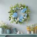 Suncalla 16 Inch Easter Eggs Wreaths for Front Door Hydrangea Easter Wreaths Artificial Blue White Floral Spring Summer Wreath for Front Door Indoor Outdoor Home Porch Wall Window Festival Decoration