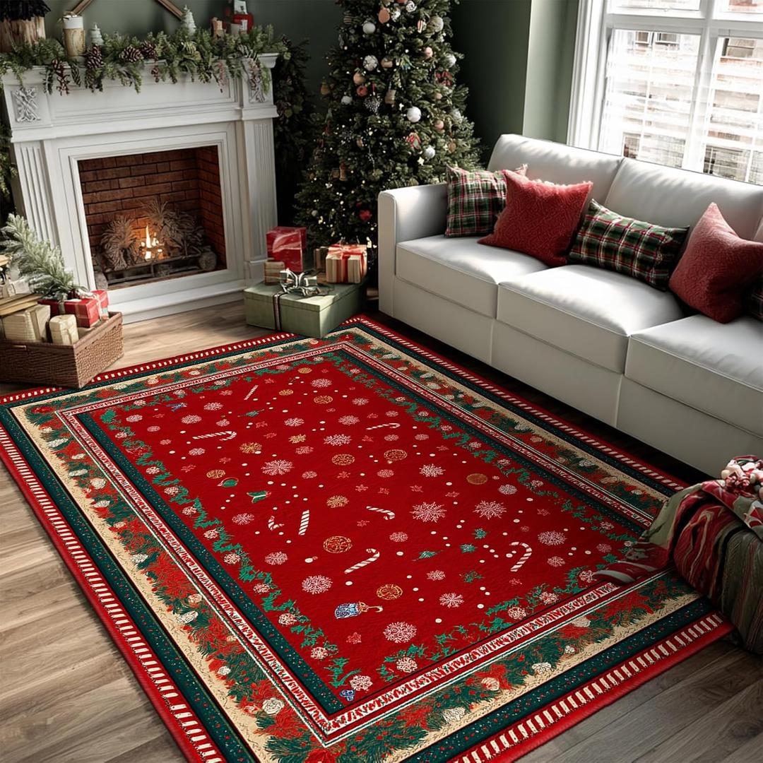 Christmas Area Rug 5x7 for Living Room, Modern Red Xmas Faux Cashmere Carpet, Washable Snowflake Holly Leaves Aesthetics Rugs, Non-Slip Soft Floor Mat for Bedroom Dining Room Easy Care Holiday Decor