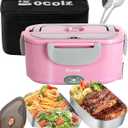 Eocolz Electric Lunch Box Food Heater 80-100W, Food Warmer with Dual Container 1.5L Portable Heated Lunch Box for Car Truck Work Stainless Steel Fork & Spoon 12/24/110V for Adults Lonchera Elctrica (Pink)
