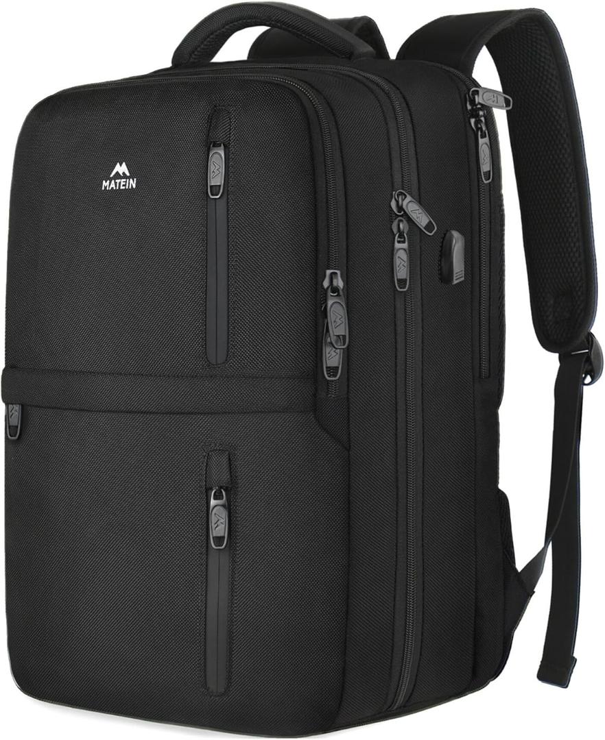 MATEIN Carry on Backpack, Flight Approved Travel Backpack with USB Port, TSA Personal Item Travel Bag fits 17" Laptop, Large Water Resistant Luggage Overnight Weekender Bag for Men & Women, Black