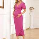 AISWI Womens Maternity Wrap Dress V Neck Ruffle Sleeves Semi Formal Baby Shower Photoshoot Party Cocktail Pregnancy (Pink, M)