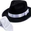 Tigerdoe Fedora Gangster Hat - Mobster Costume - Felt Hat & White Neck Tie - (2 Pc Set) Fedora Hat