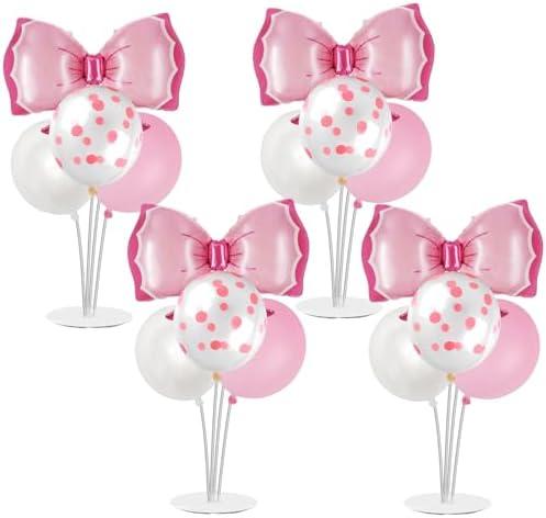 Pink Bow Party Balloon Stand Kit, 4 Sets, Table Centerpiece Decorations for Girls Birthday (pink)