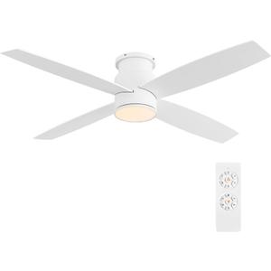 WINGBO 44 Inch Flush Mount DC Ceiling Fan with Lights and Remote, 4 Reversible Blades, Ultra Quiet 6-Speed DC Motor, Hugger Low Profile Indoor Ceiling Fan, White Finish
