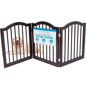 INTERNET'S BEST Arched Top Dog Gate | 3 Panel, 24" H Wooden Pet Barrier for Dogs or Cats | Freestanding Folding Room Divider for Doorways, Hallways, Stairs, and Porch | Portable, Extra Wide | Espresso