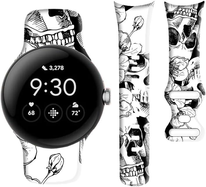 Compatible with Pixel Watch 3 41mm,Pixel Watch 2/1 Band for Women Men,Soft Silicone Sport Adjustable Replacement Strap for Pixel Watch 3/2/1 Accessories (Cool Skull Flower)