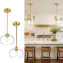 AUTELO 2 Pack Gold Pendant Lights, Glass Pendant Lights Kitchen Island with Clear Drum Glass, Industrial Pendant Ceiling Lights with Adjustable Rods for Kitchen Dining Room Bar, H9385 BG-R-2PK