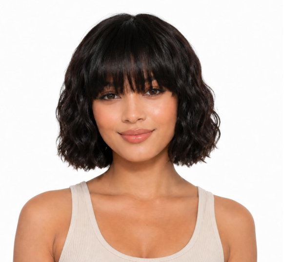 ManeMajesty 12 Inch Natural Wave Wig with Bangs Human Hair Natural Color | 100% Human Hair, Glueless Wear and Go Body Wave Wigs, Dye Bleach Your Style