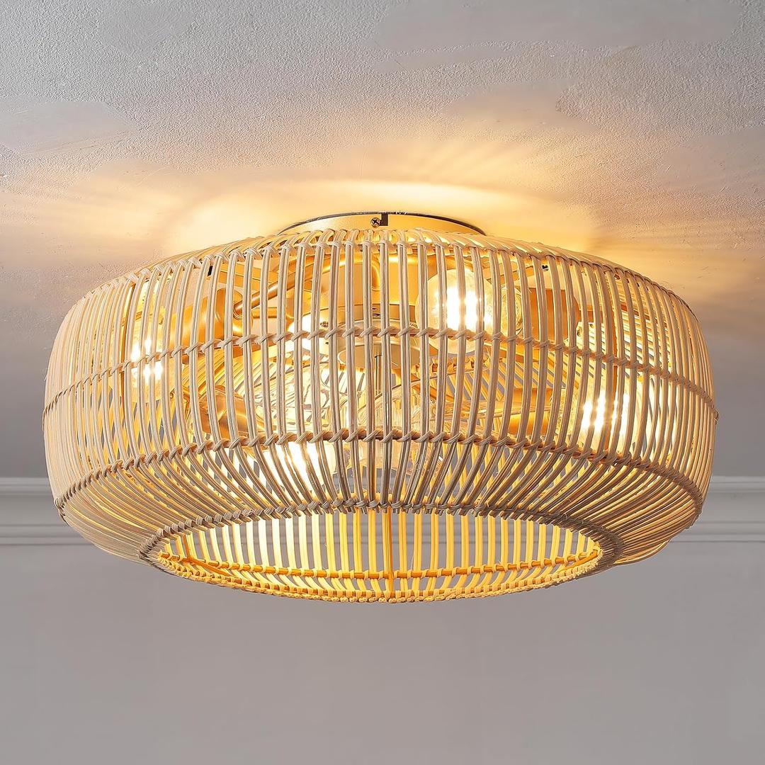 Boho Rattan Flush Mount Ceiling Fan with Light and Remote: 20" Coastal Boho Bamboo Wicker Fandelier, Gold Chandelier Ceiling Fan for Bedroom Living Room