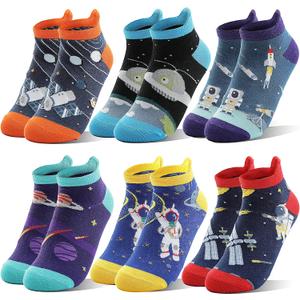 Kids Boys Ankle Socks No Show Low Cut Funny Cute Cartoon Novelty Cotton Socks 6 Pairs (5-8 Years, Space)