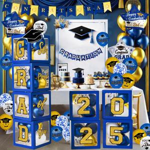 Graduation Decorations Class of 2025 - Blue and Gold Balloons Boxes with Letters 2025 GRAD So Proud of You - Complete Party Supplies for High School & College Celebrations