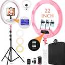 22"Ring Light with Stand, Ring Light Tripod for iPhone iPad, with 75"Tripod/LCD Display/4 iPad iPhone Clips/2 USB Ports, 2600 K- 6500 K Color Temperature, for Barber Makeup Tattoo TikTok Video Recording Vlog (Pink)