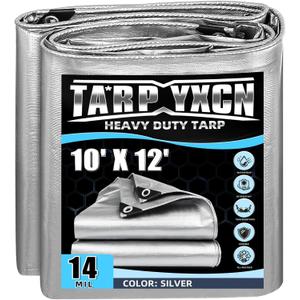 Heavy Duty Tarp 10x12 Feet, 14 Mil Waterproof Poly Tarps Cover UV Resistant, Rip & Tear Proof with Metal Grommets Every 20 Inches Silver Tarp by TA*RP YXCN