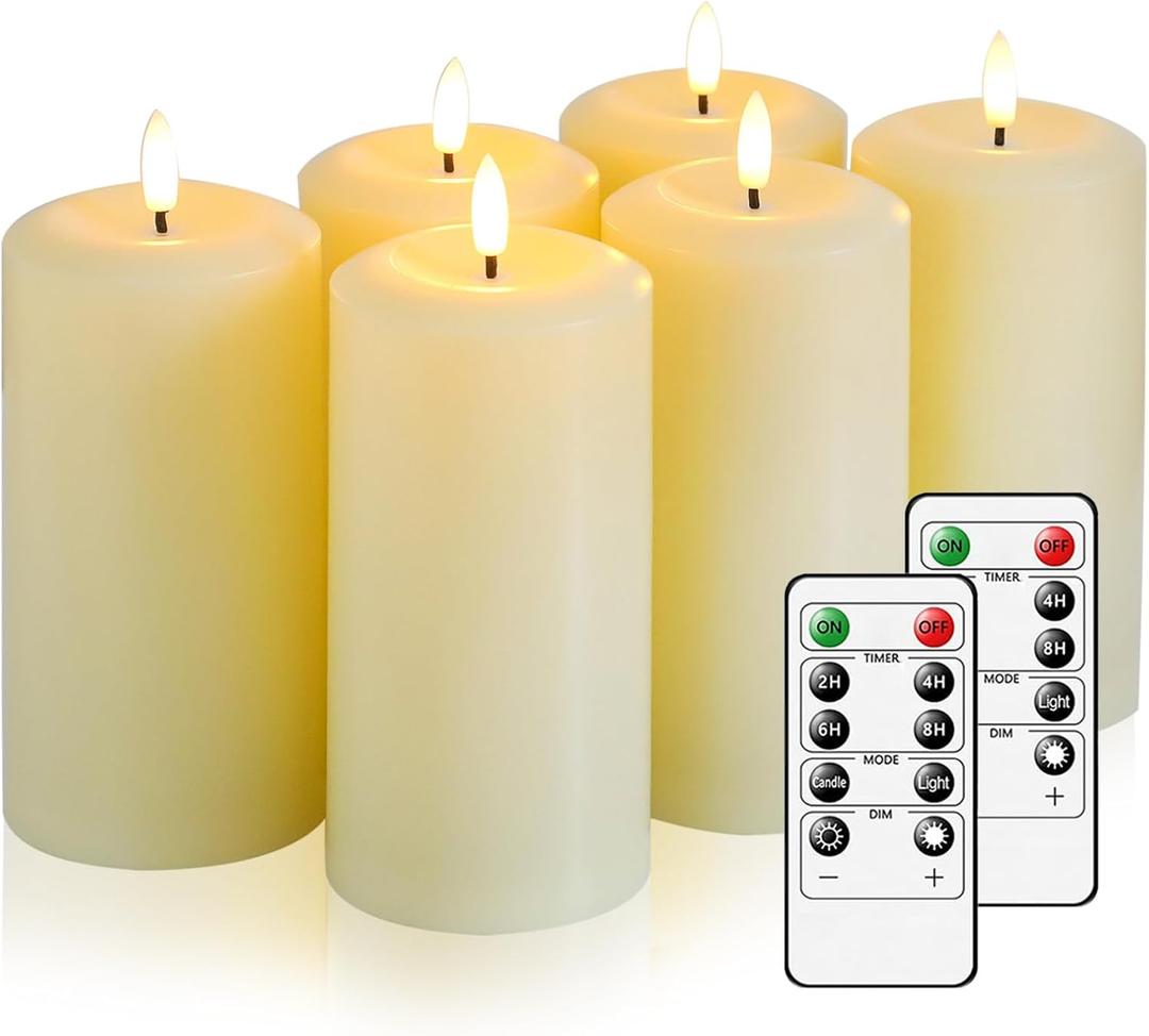 Flameless Candles Battery Operated with Remote and 2/4/6/8 H Timer, 6pcs Flickering Fake Electric Candles for Festival Home Party Decor (D3 x H 6") (Ivory)