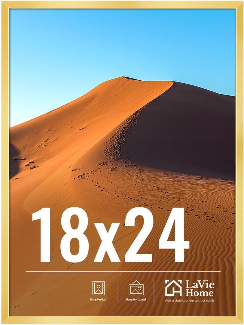LaVie Home 18x24 Picture Frame for Wall Display, 18x24 Gold Picture Frame with HD Plexiglas, 18 x 24 Poster Frame 1 Pack, Display Frame for Vertical or Horizontal, Classic Collection