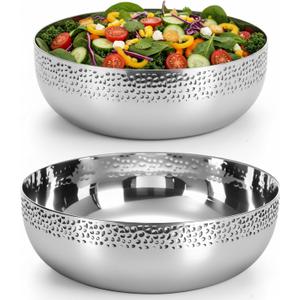 Honeydak 2 Pack Stainless Steel Hammered Salad Bowl 118oz & 152oz Large Metal Serving Mixing Bowl Decorative for Popcorn Fruit Kitchen Cooking Baking Salad Prep Food Storage