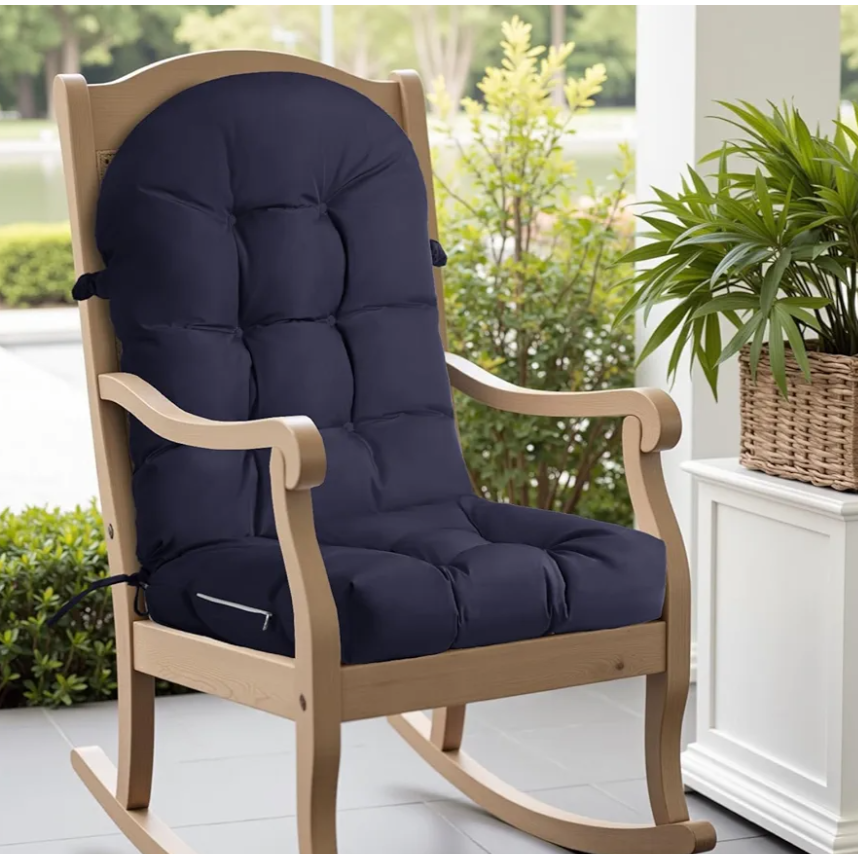 Waterproof Rocking Chair Cushion - Outdoor Oliven Fabric, High-Density Sponge, Durable Comfort Non-Slip Bottom Tufted Seat Pads with Ties, Oliven︱Army Blue, 44x19x4 inch