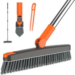AIR U+ Grout Brush with Long Handle 180 Swivel Scrub Brush with Tweezers to Hair Clip V-Shape Grout Line Scrubber Stiff Bristles for Deep Cleaning Crevice, Tile Line, Shower, Kitchen, Corners (Orange)