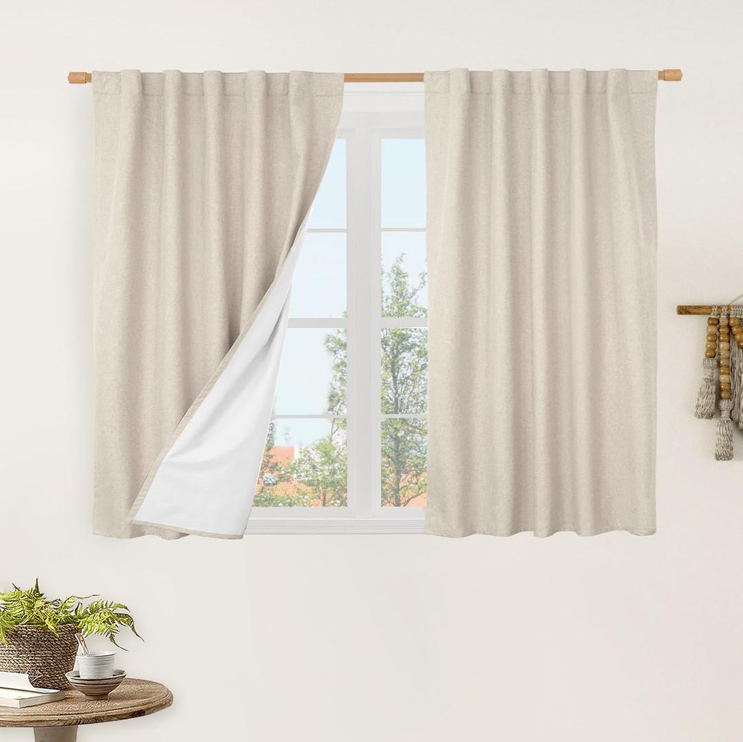 LAMIT 100% Blackout Linen Curtains for Cafe, 40 Inch Length Linen Textured Thermal Drapes Back Tab and Rod Pocket Neutral Panels with White Liner for Kitchen, 2 Panels, 42 x 40 Inch, Oatmeal