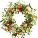 22IN Artificial Spring Summer Wreath with Wild Flowers & Silk Daisies Eucalyptus, UV Resistant, Colorful Wreath - for Spring Summer Indoor Outdoor Home Dcor (Daisy)