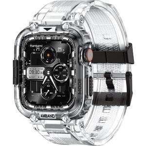 amBand Bands Compatible with Apple Watch 9/8/7 45mm, M1 Sport Series Rugged Case with TPU Strap Military Protective Tough Cover Bumper for iWatch SE3/SE2/SE/6/5/4 44mm Men Clear