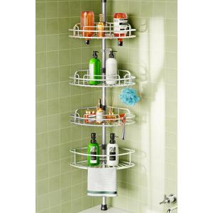 HAMITOR Corner Shower Caddy Tension Pole: 4-Tier Rust-Resistant Adjustable Bathroom Organizer Shelves - 47-121 Inch No-Drill Quick Installation - Space-Saving Storage for Renters Family - Silver Gray