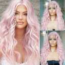 24 Inch Ice Pink Hair Synthetic Lace Front Wigs Pre Plucked Light Pink Colored Lace Front Wig Natural Hairline Heat Resistant Long Body Wave Hair Wigs for Women