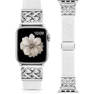 Minyee Magnetic Stretchy Band Compatible with Apple Watch Bands 38/40/41/42/44/45/46/49mm Women Men, Celtic Knot Soft Elastic Nylon Fabric Strap for iWatch Series 11 10 9 8 7 6 5 4 SE/Ultra 3 2 1 (White/Silver)
