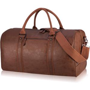 Seyfocnia Oversized Duffle Travel Bag for Men or Women, Waterproof PU Leather Weekend Gym Bag Large Carry On Bag Overnight Hangbag (Brown)