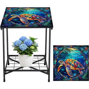Cinnvoice Outdoor Side Table 2-Tier Storage Square Small Mosaic Patio Accent Indoor End Plant Coffee Tea Table for Yard Patio Porch Garden Living Room, Bedroom(Turtle Style)