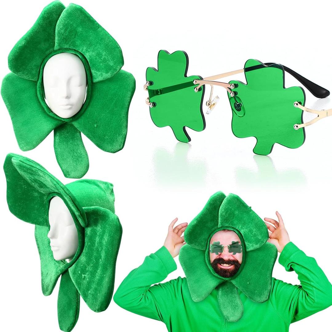 Zeyune 2 Pack St. Patrick's Day Party Costume Set, Green Shamrock Top Hat with Irish Green Glasses Accessories for Women Men
