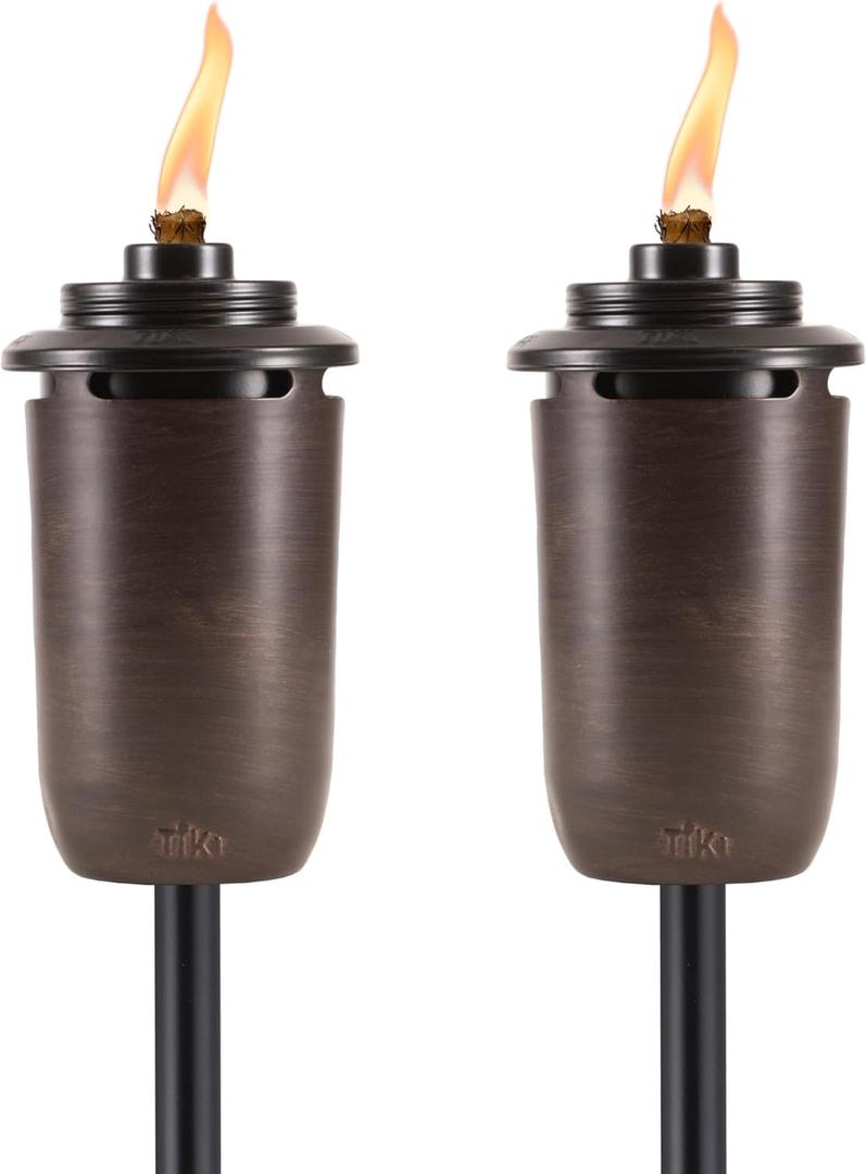 TIKI 2-Pack Honey Copper Outdoor Torches  Easy Install Decorative TIKI Torches for Patio, Backyard & Garden  Includes Long-Lasting Wicks & Snuffer, Weather-Resistant, Bronze