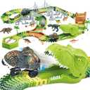 174 PCS Flexible Dinosaur Train Tracks and Race Cars Playset with 8 Dinosaurs Figures, Electric Vehicles, Lights - Create Road Racing World for Toddlers and Kids