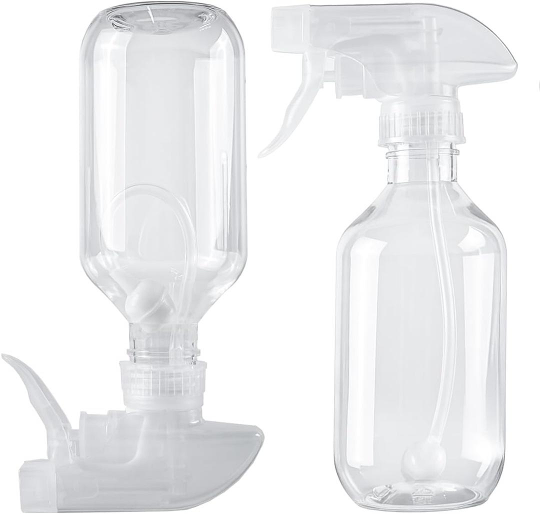 2 Pack 360 Spray Bottles, 10 oz Plastic Small Containers with Adjustable Spray Nozzles, Spray Bottles for Hair, Cleaning Solutions, BBQ and Plants Clear