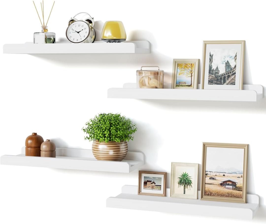 Love-KANKEI White Floating Shelves for Wall Set of 4, Wood Wall Shelves with Lip,15.6 Inch Rustic Hanging Shelves for Bedroom Bathroom Living Room Kitchen Nursery Display
