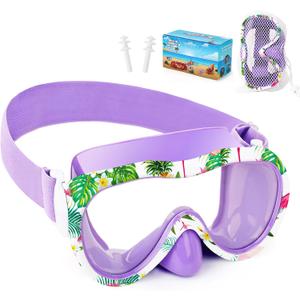 Kids Swim Goggles with Nose Cover, 180 Panoramic Snorkel Mask with Anti-Fog & Anti-Leak Design, Comfort Fabric Strap UV Protection Lens for Boys Girls Ages 3-15 (Purple Flamingo)