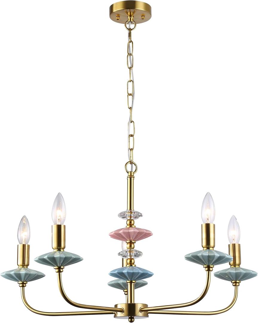 Gold Chandeliers for Dining Room Light Fixture Over Table,5-Light Art Deco Chandelier, Modern Retro Candle Chandelier with Ceramic,Farmhouse Chandelier for Girls BedroomLiving Room, Foyer