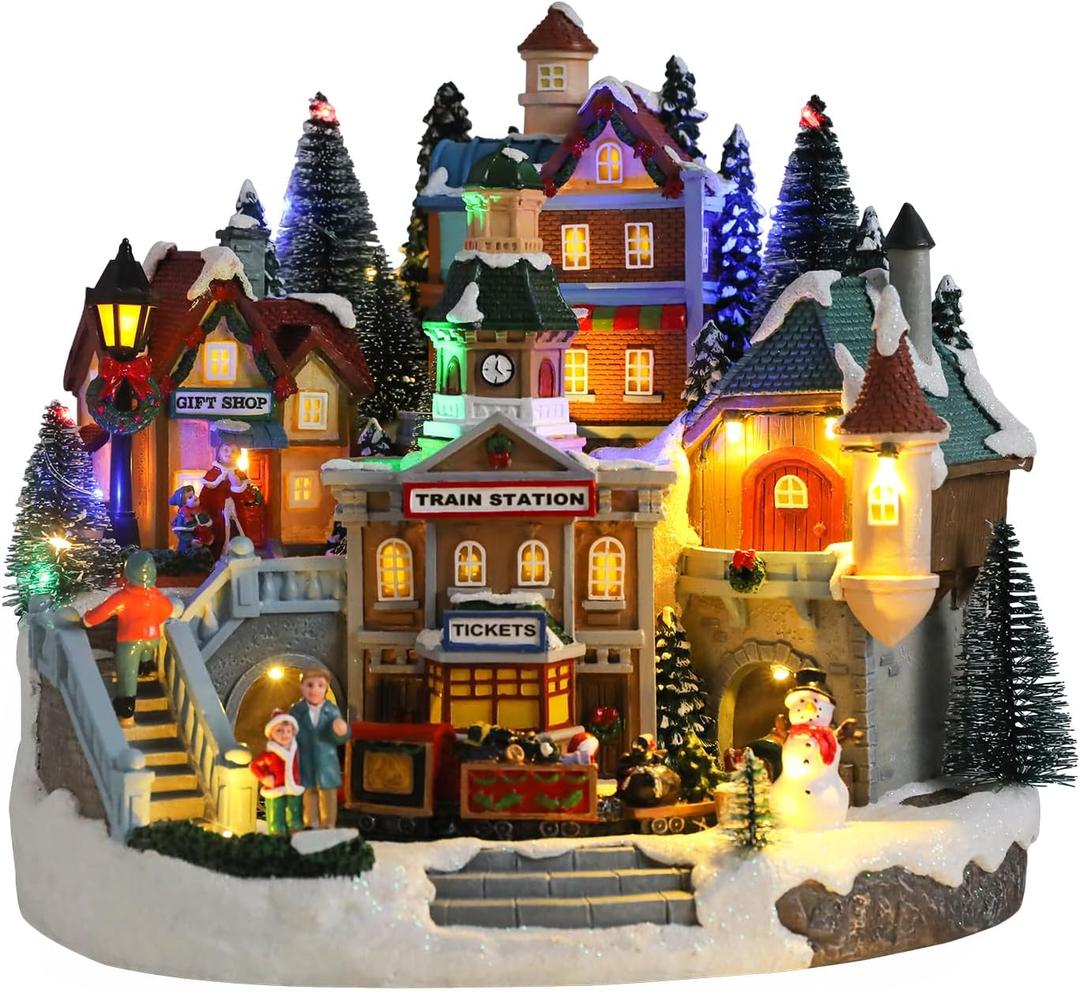 Bdor Collectible Buildings Lighted Animated Christmas Village with Train and Music – Plug-in LED Christmas Decoration for Tabletop, Home, Gift Shop Display – Musical Holiday Collectible Centerpiece, 12.2"L x 11"W x 11"H