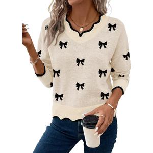 Womens V Neck Pullover Sweaters Long Sleeve Scallop Trim Knit Tops Loosed Fit 2026 Fall Outfits