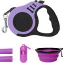 Retractable Dog Leash Automatic Telescopic Tractor Dog Tape, Pet Tape 16 FT Durable and Convenient, with Folding Bowl, Dispenser, Rubbish Bags, Suitable for Dogs (Black Purple Set)