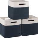 OIAHOMY Cube Storage Basket, 3-Pack Woven Cotton Rope Baskets for Storage, 11-Inch Cube Basket with Handles, Great for Shelves, Closets, Children's Toy Storage and Organization-White & Blue