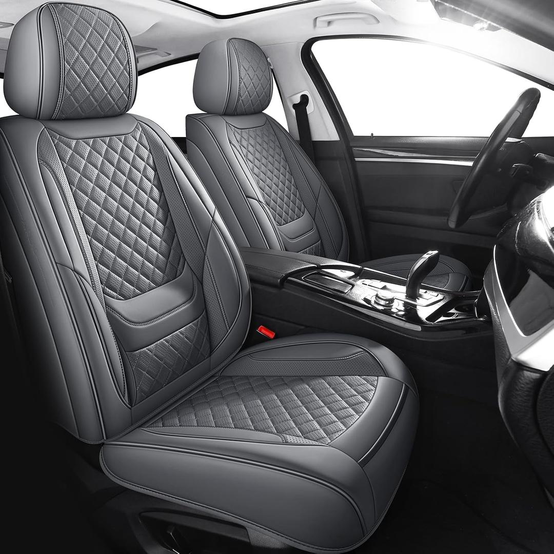 Car Seat Covers Full Set, Grey Leather Seat Covers, Breathable Front and Back Car Seat Protectors, Wear-Resistant Seat Covers Universal Fit for Most Cars SUV Truck (Grey-Diamonds, Full Set)