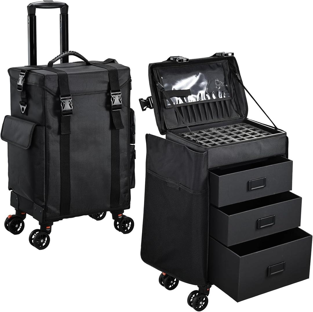 Stagiant Rolling Makeup Case 4 in 1 Soft Sided Professional Cosmetology Case on Wheels Freelance Makeup Artist Nylon Cosmetic Organize Storage Nail Technician Hair Stylist 3 Drawers Black