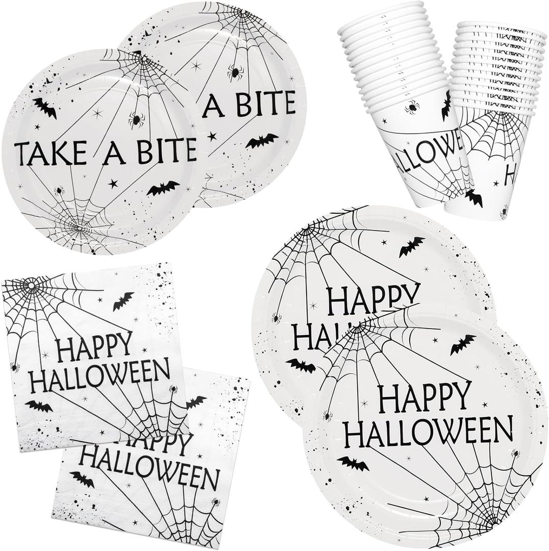 YY Halloween Cobweb Paper Plates Napkins and Cups Set Dessert Plates 100 Party Tableware Set Disposable for Happy Halloween Party Decorations
