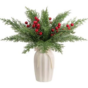 30 Pcs/Set Christmas 3D Artificial Pine Branches- 12.5 Inch Faux Evergreen Cedar Sprigs Branches- Fake Foliage Pine Needles Picks with Artificial Red Berry Stems for DIY Christmas Decoration