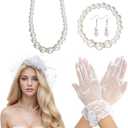 Heliltd 5Pcs Fascinators for Women Tea Party Fascinator Hat for Women Veil Tea Party Hats and Gloves Set (0-1, White)