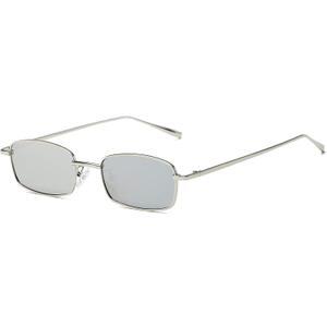 FEISEDY Vintage Small Rectangle Sunglasses Women Men Retro Trendy Square Metal Frame Sun Glasses B2295 (Silver/White Mirrored)